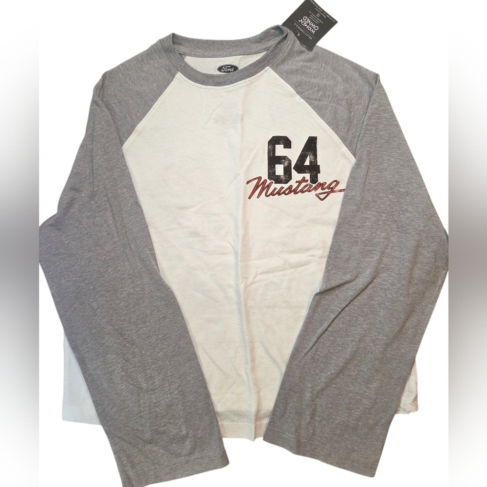Women's Ford 64 Mustang Gray and White Long Sleeve Tee